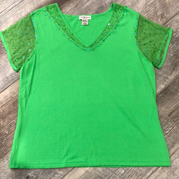 Notations Woman bright green embellished sequin mesh sleeve sweater top - Picture 2 of 10